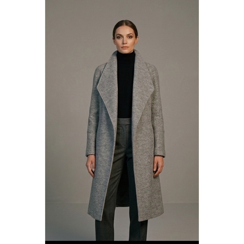 Tahari Heather Gray Long Sleeve Open Front Coat Jacket Wool Blend Size S EUC